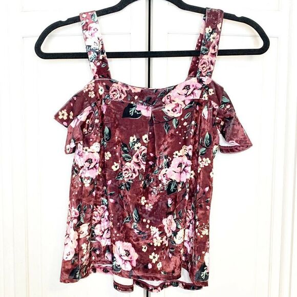 Self Esteem Juniors Top Sz S Strap Cold Shoulder Burgundy Floral Velvet - Picture 8 of 8